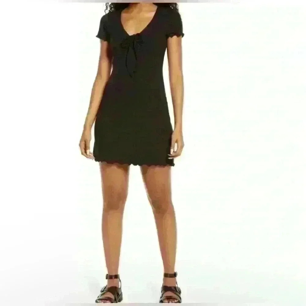BP. Tie Front Lettuce Edge Rib Dress in Black - Size 2X (NWT) - Picture 3 of 5